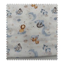 Retal 0,60m de tela algodón 100% con estampado infantil de animales y lunas en tonos azules