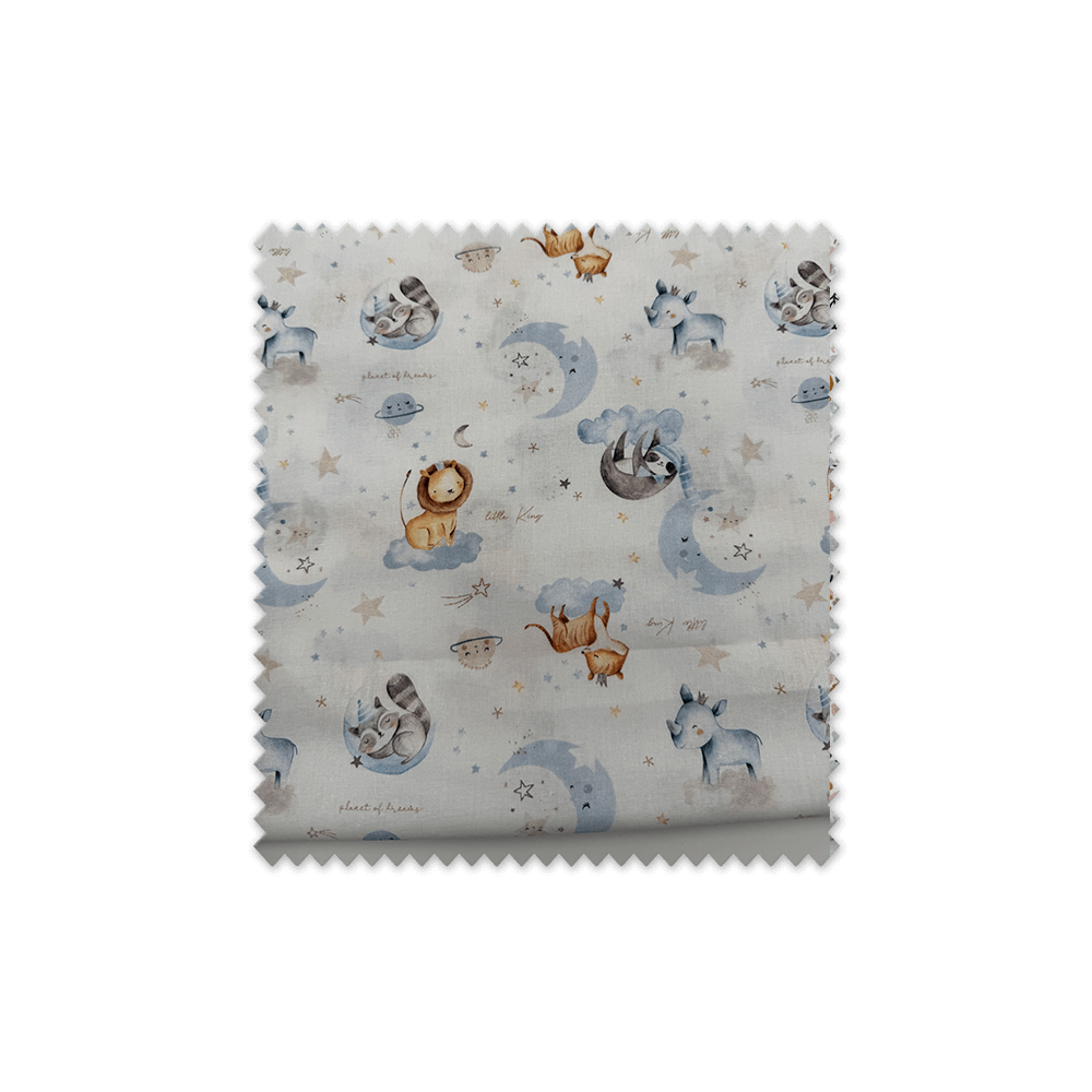 Retal 0,60m de tela algodón 100% con estampado infantil de animales y lunas en tonos azules