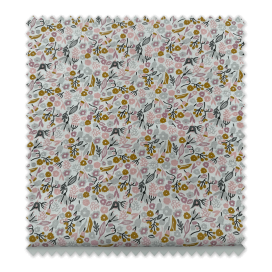 Retal 0,60m de tela popelín de algodón 100% con estampado de flores en tonos rosa, mostaza y antracita.