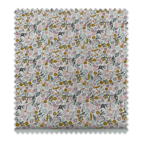 Retal 0,60m de tela popelín de algodón 100% con estampado de flores en tonos rosa, mostaza y antracita.