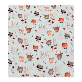 Tela doble gasa algodón 100% con estampado de animales fondo crudo, ideal para confección infantil y accesorios