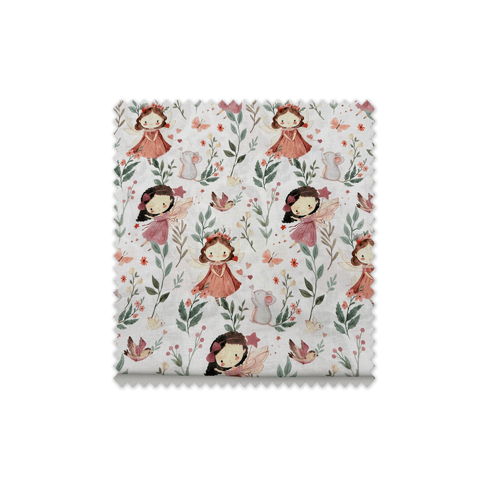 Retal algodón natural estampado hadas y flores para confección infantil