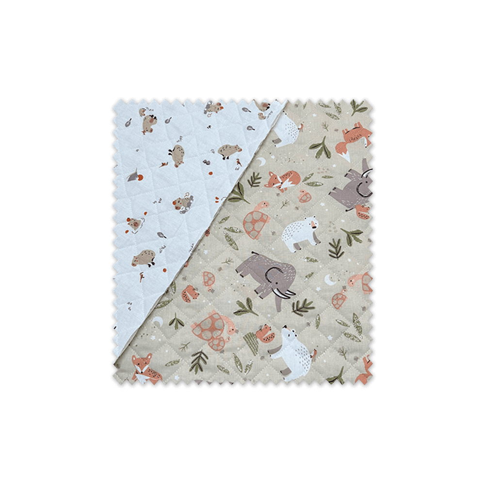 tela acolchada doble cara bosque y capibara fondo blanco infantil cálida para bebé