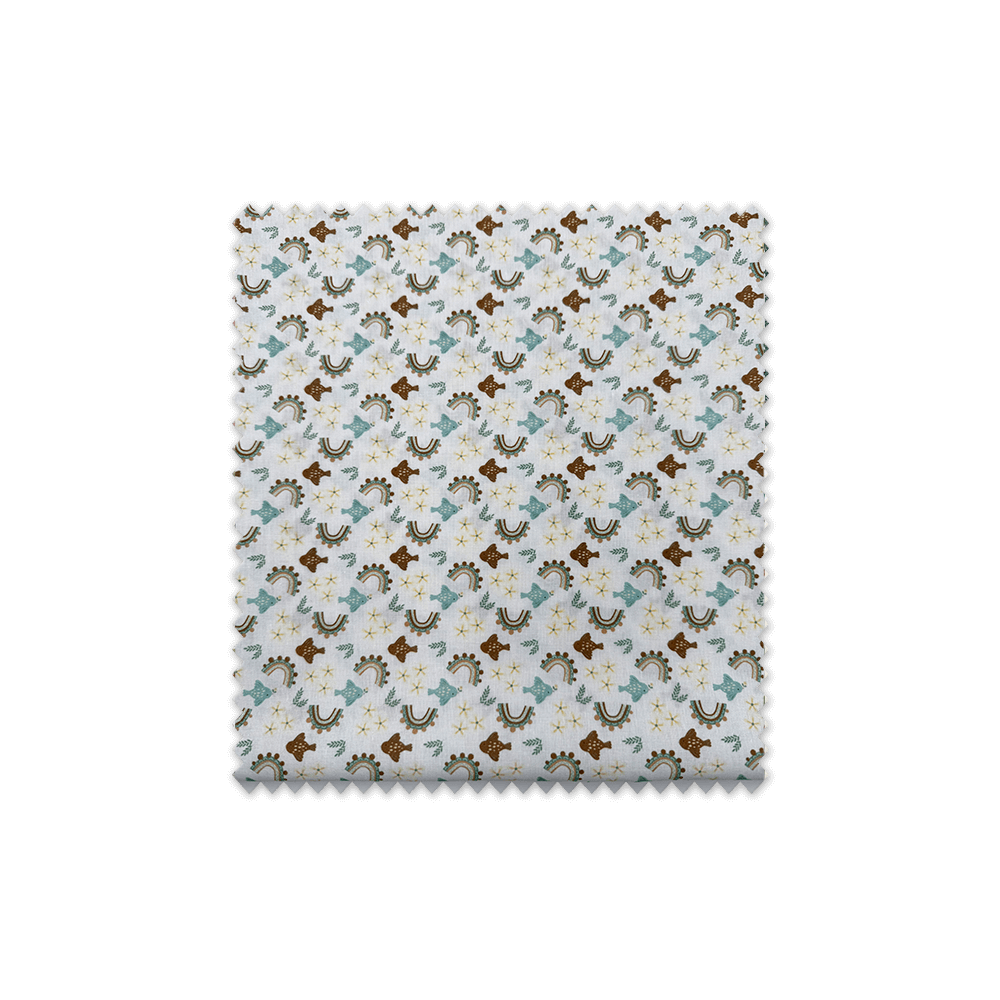 Popelín Arcoíris y peces Verde Agua y Camel