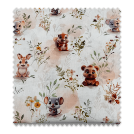 tela con detalle estampado infantil ratones y ardillas en tonos marrones