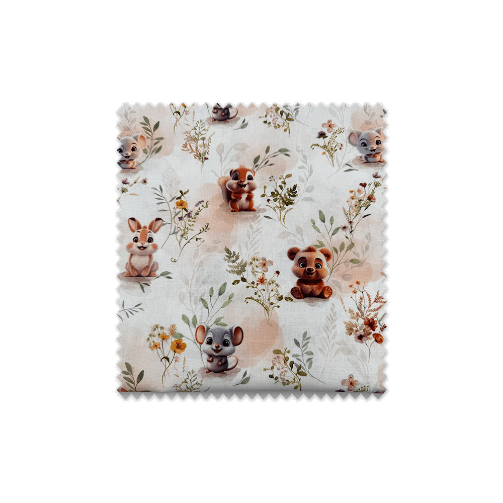 tela con detalle estampado infantil ratones y ardillas en tonos marrones