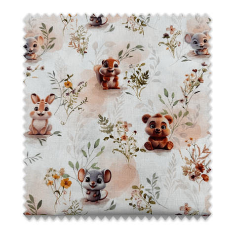 tela con detalle estampado infantil ratones y ardillas en tonos marrones