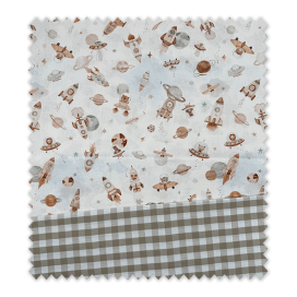 Idea combinado de telas infantiles con estampado de animales del espacio en tonos tierra.