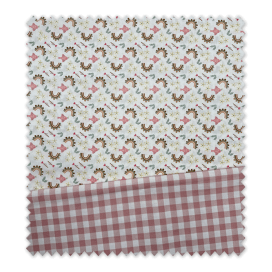 Idea combinado de telas infantiles con estampado de arcoíris y peces en rosa y camel y cuadros vichy