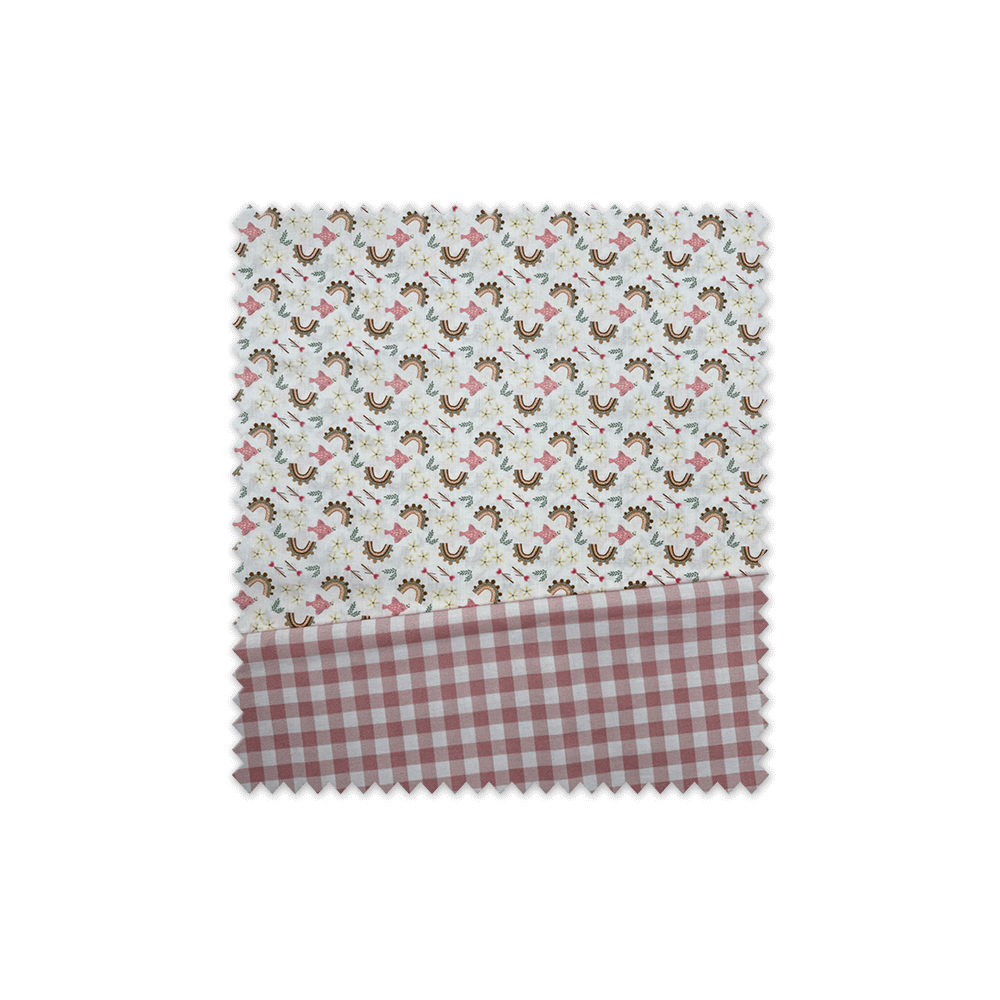 Idea combinado de telas infantiles con estampado de arcoíris y peces en rosa y camel y cuadros vichy