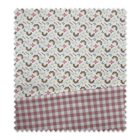 Idea combinado de telas infantiles con estampado de arcoíris y peces en rosa y camel y cuadros vichy