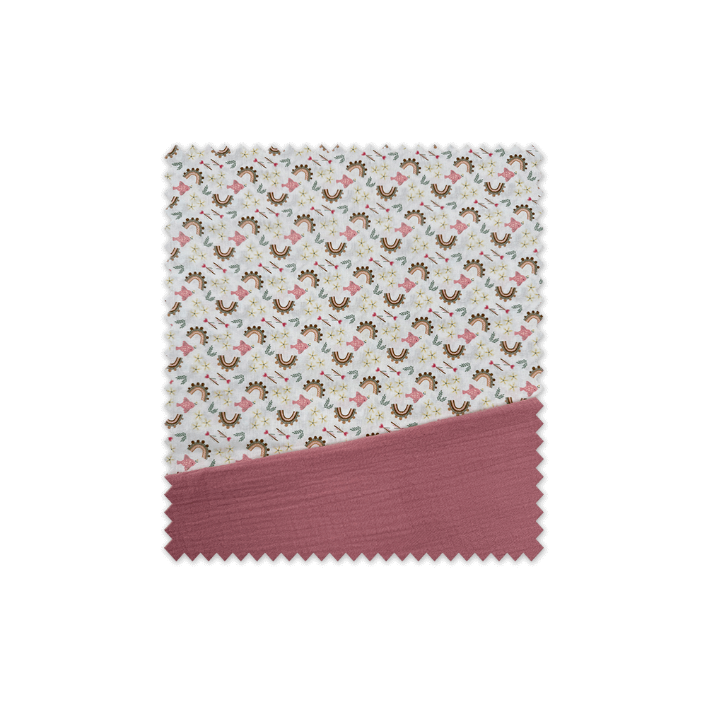 Idea combinado de telas infantiles con estampado de arcoíris y peces en rosa y camel y doble gasa rosa