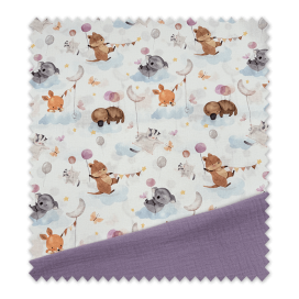 Telas estampadas infantiles Animales y Globos y Doble Gasa Lila