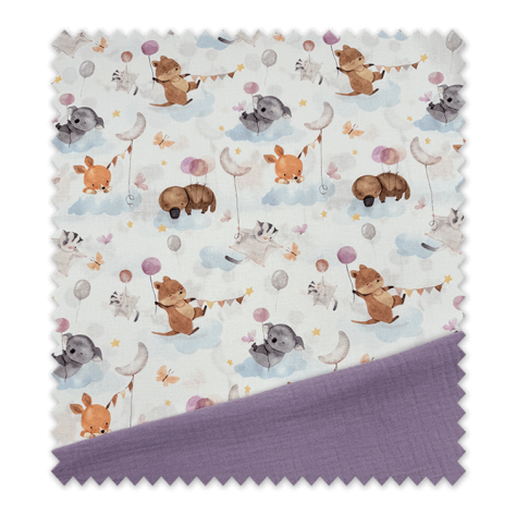 Telas estampadas infantiles Animales y Globos y Doble Gasa Lila
