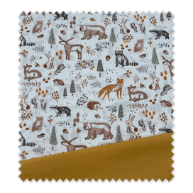 Idea Combinado Animales Bosque Verde y Tierra y Doble Gasa Mostaza, telas al mejor precio