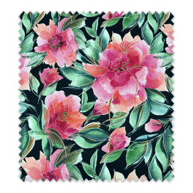 Tela strech flamenca flores tonos rosa fondo negro para traje de flamenca