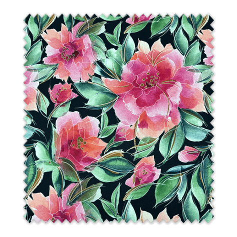 Tela strech flamenca flores tonos rosa fondo negro para traje de flamenca