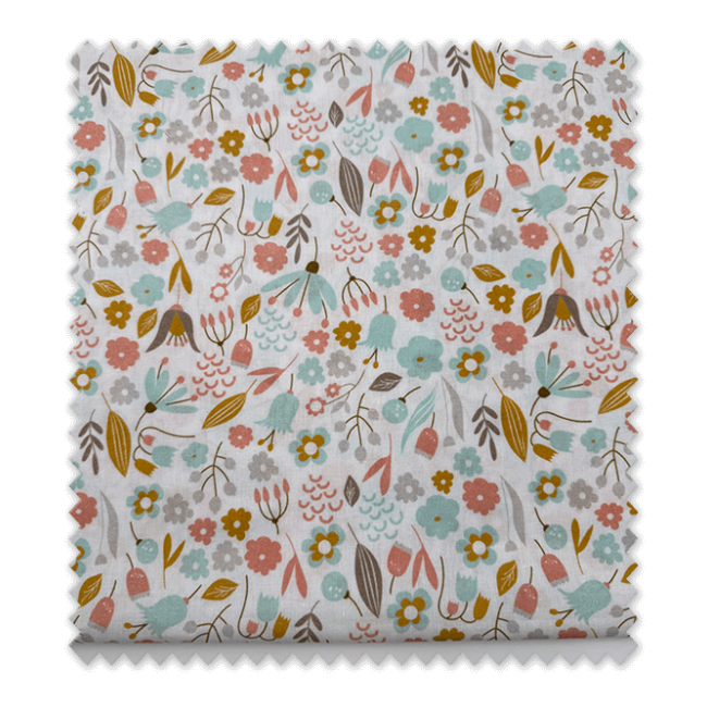 Retal popelín algodón flores mostaza turquesa y rosa
