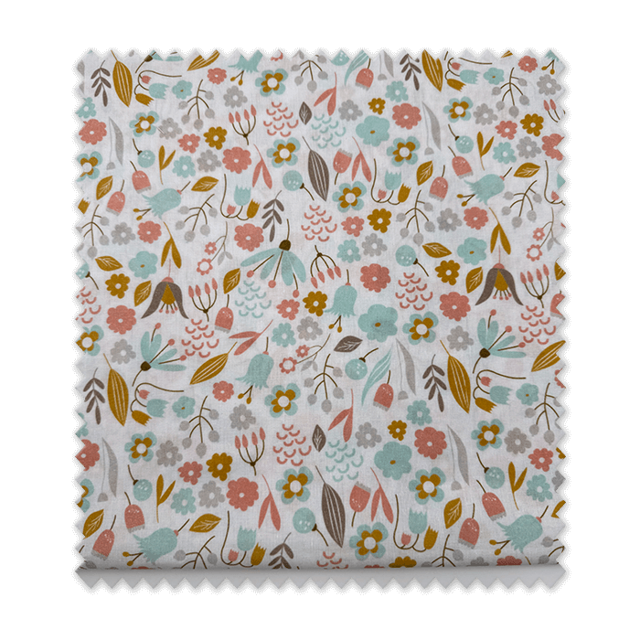 Retal popelín algodón flores mostaza turquesa y rosa
