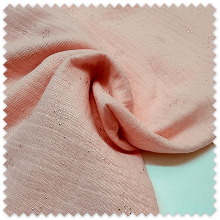 Doble gasa rosa bebé con motitas plata lurex – suave y ligera