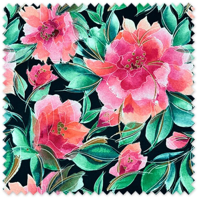 Tela strech flamenca flores tonos rosa fondo negro para traje de flamenca