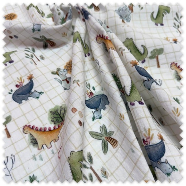 Tela Doble Gasa Dinosaurios Fondo Cuadros | Doble Gasa Algodón Infantil