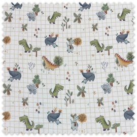 tela doble gasa estampado dinosaurios cuadros