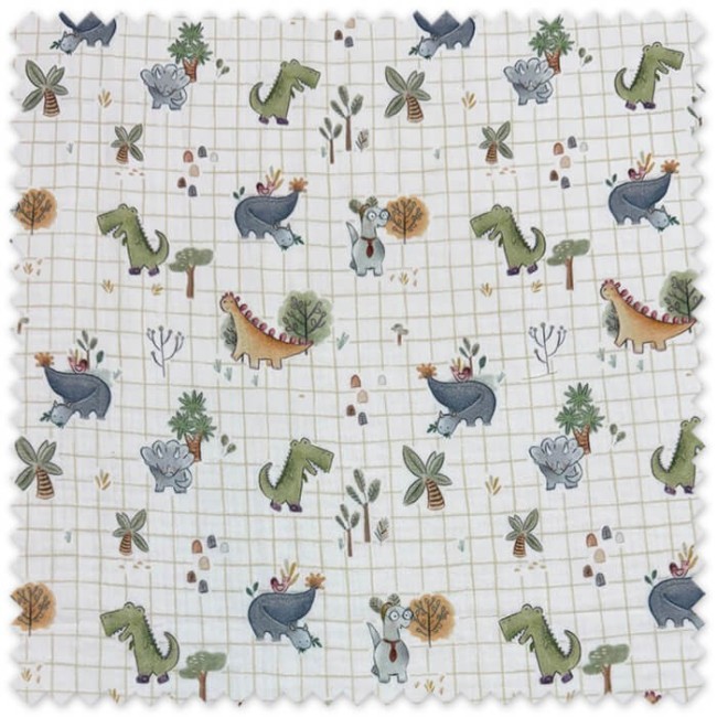 tela doble gasa estampado dinosaurios cuadros