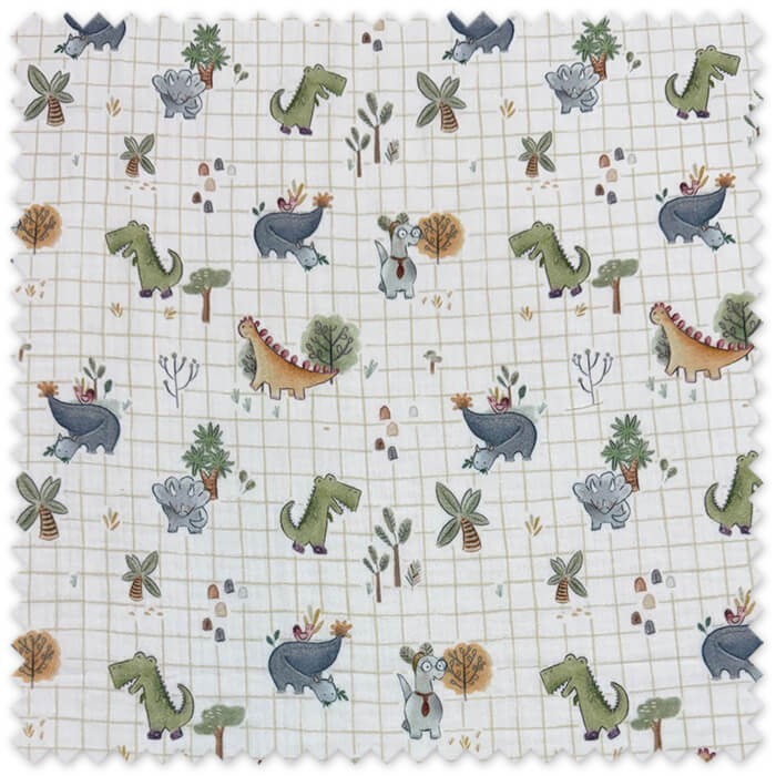 tela doble gasa estampado dinosaurios cuadros