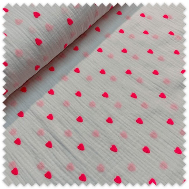 Comprar Tela de Doble Gasa Corazones Rosa Flúor