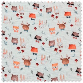 Tela doble gasa algodón 100% con estampado de animales fondo crudo, ideal para confección infantil y accesorios