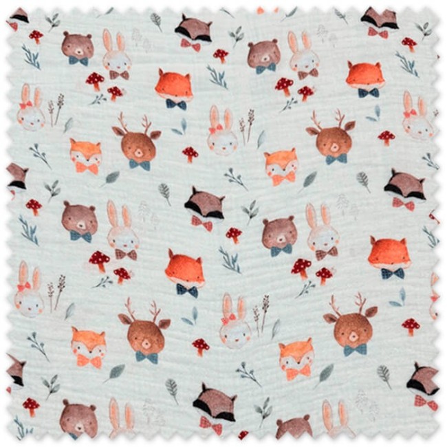 Tela doble gasa algodón 100% con estampado de animales fondo crudo, ideal para confección infantil y accesorios