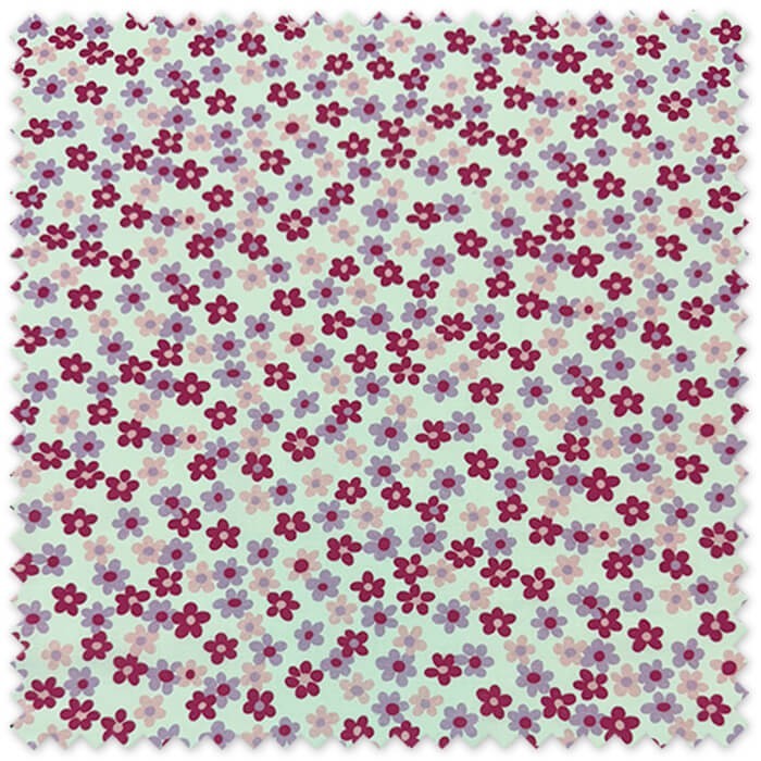 Popelín con estampado de margaritas lilas, rosa y buganvilla, ideal para confección, patchwork y manualidades