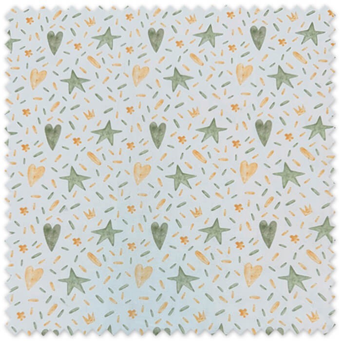 Telas especiales de Popelín Corazones y Estrellas Mostaza y Verde