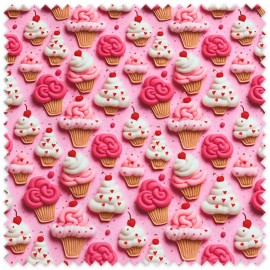 Comprar telas de Loneta estampada Half Panamá cupcakes rosa