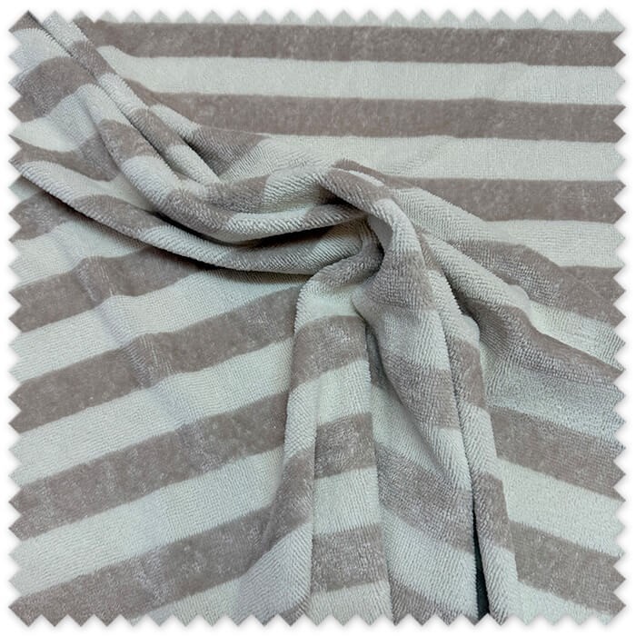 Tela rizo bambú rayas topo beige ecológica absorbente