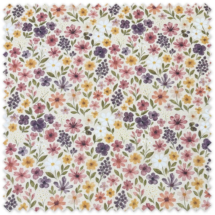 tela floral violeta rosa mostaza algodón 100%