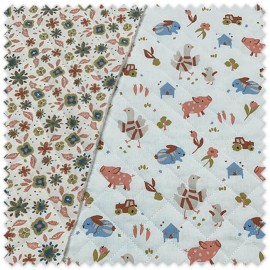 tela acolchada doble cara granja y flores fondo blanco infantil reversible cálida para bebé