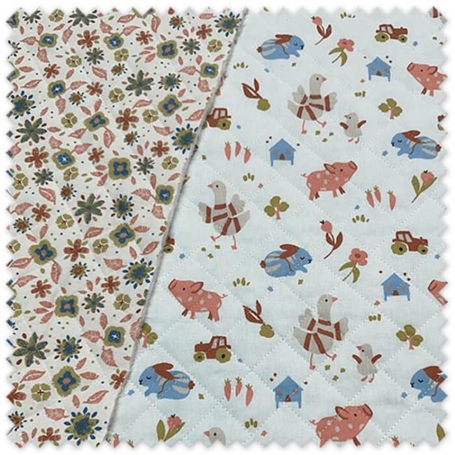 tela acolchada doble cara granja y flores fondo blanco infantil reversible cálida para bebé