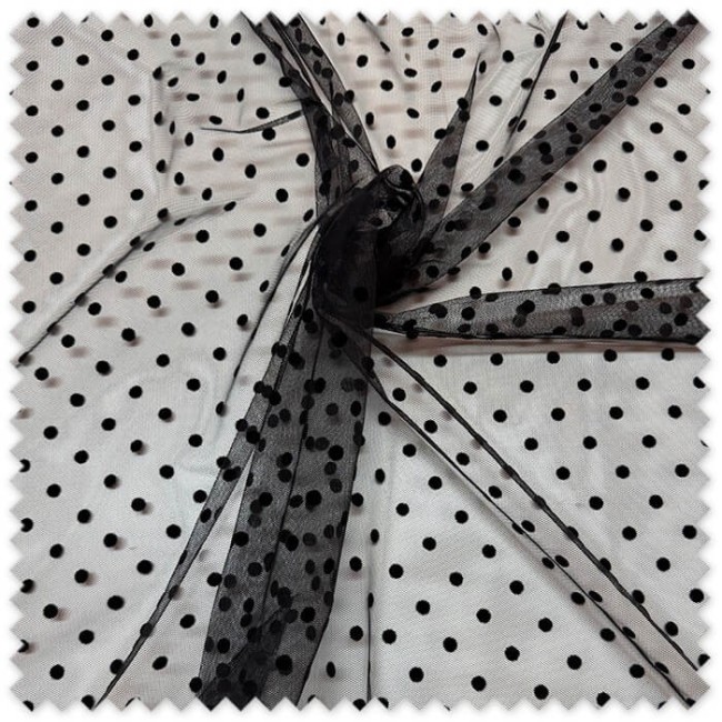 Tul flocado negro topos medianos | Tela tul elegante por metros