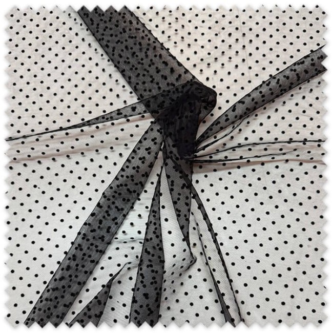 Tul flocado negro topos pequeños | Tela tul fina elegante por metros