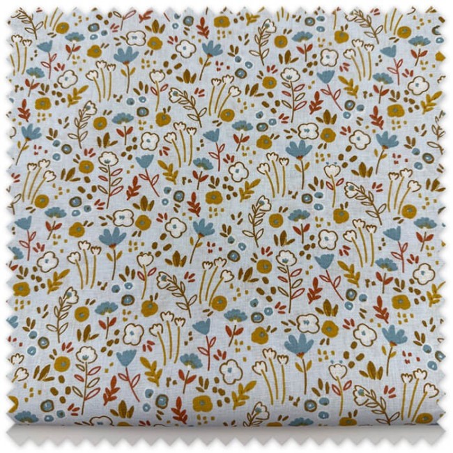 retal algodon flores mostaza fondo celeste
tela floral mostaza celeste infantil