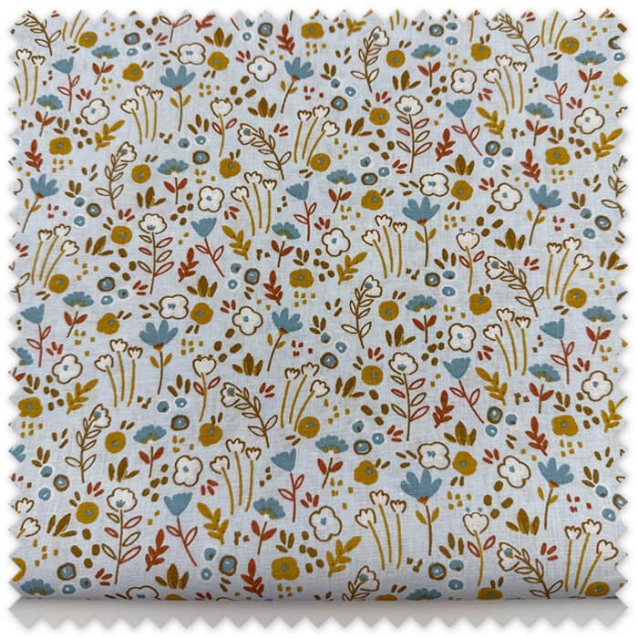 retal algodon flores mostaza fondo celeste
tela floral mostaza celeste infantil