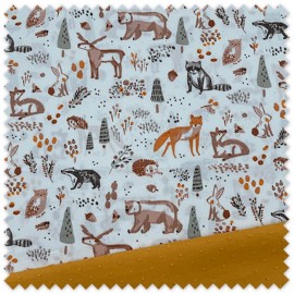Idea Combinado Animales Bosque Verde y Tierra y Doble Gasa Mostaza, telas al mejor precio