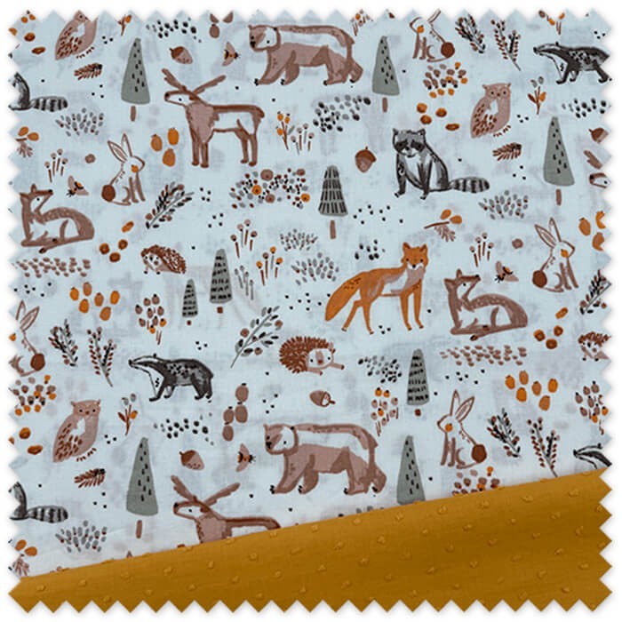 Idea Combinado Animales Bosque Verde y Tierra y Doble Gasa Mostaza, telas al mejor precio