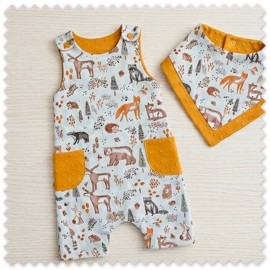 Idea Combinado Telas Animales del Bosque Verde y Tierra y Doble Gasa Mostaza | Comprar Telas Online