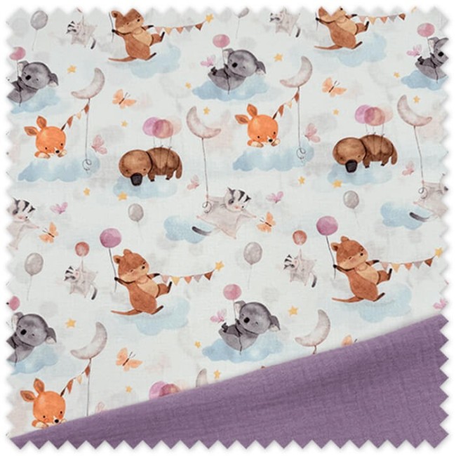 Telas estampadas infantiles Animales y Globos y Doble Gasa Lila