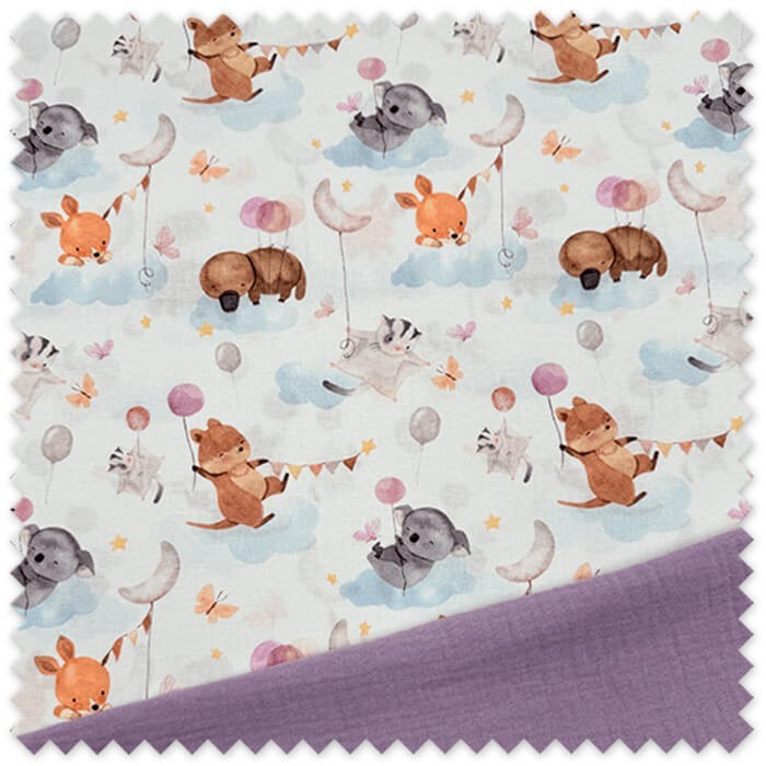 Telas estampadas infantiles Animales y Globos y Doble Gasa Lila