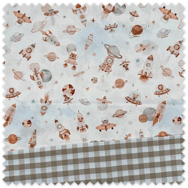 Idea combinado de telas infantiles con estampado de animales del espacio en tonos tierra.
