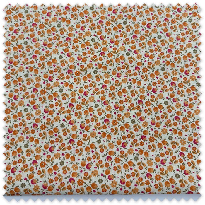 Retal algodón flores naranjas fondo mantequilla
Tela algodón floral tonos naranja y crema